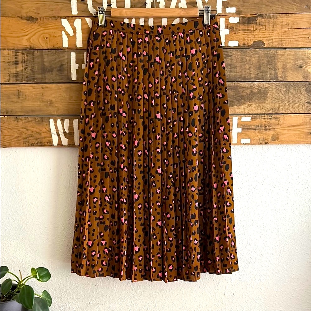 J. Crew Brown Pleated A-Line Skirt with Pink and Black Leopard Spots